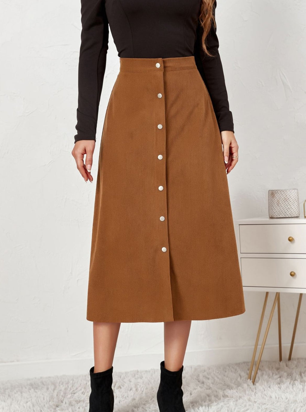 Corduroy Button Front A Line Midi Skirt - Khaki - 1