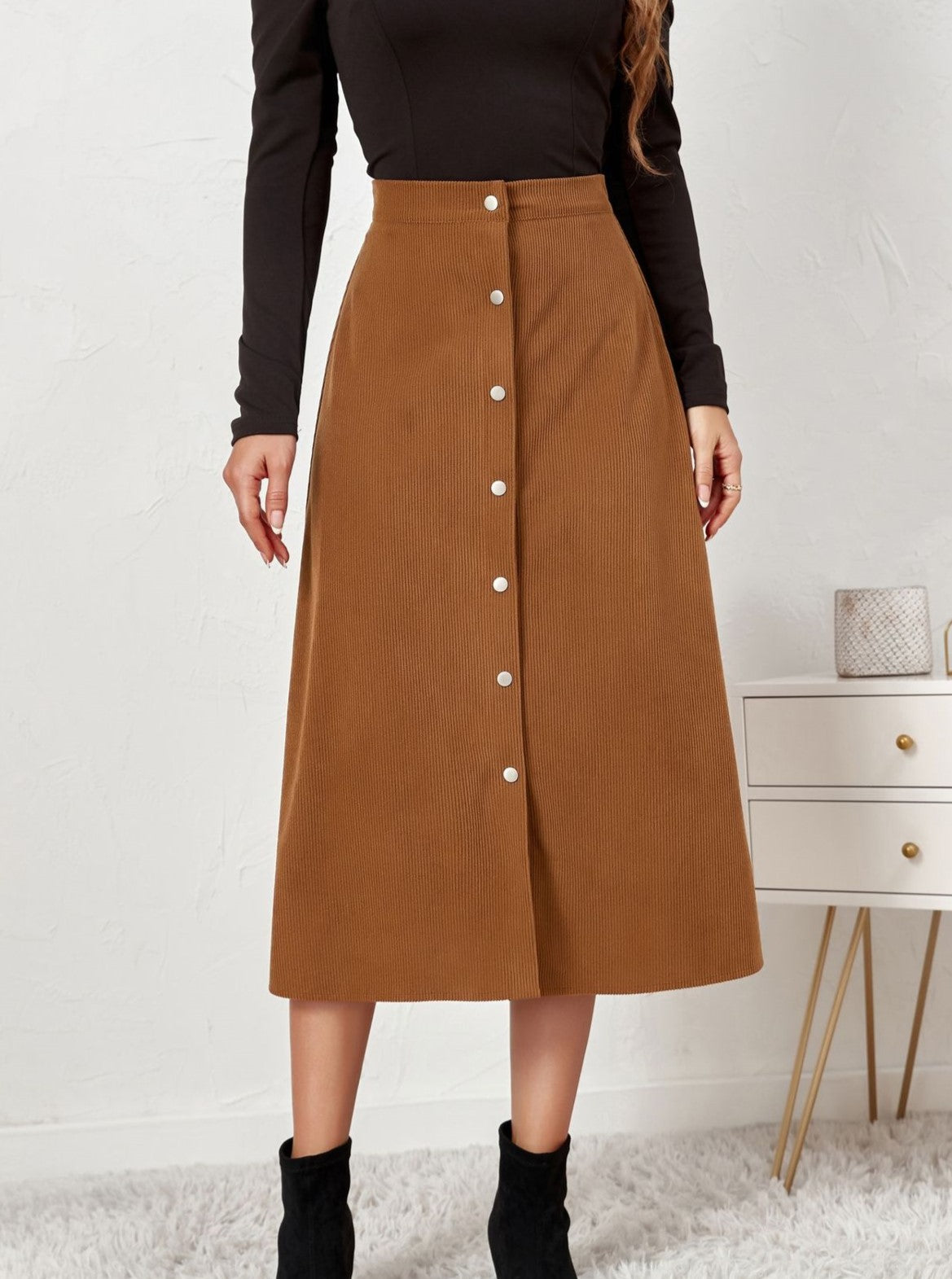 Corduroy Button Front A Line Midi Skirt - Khaki - 1
