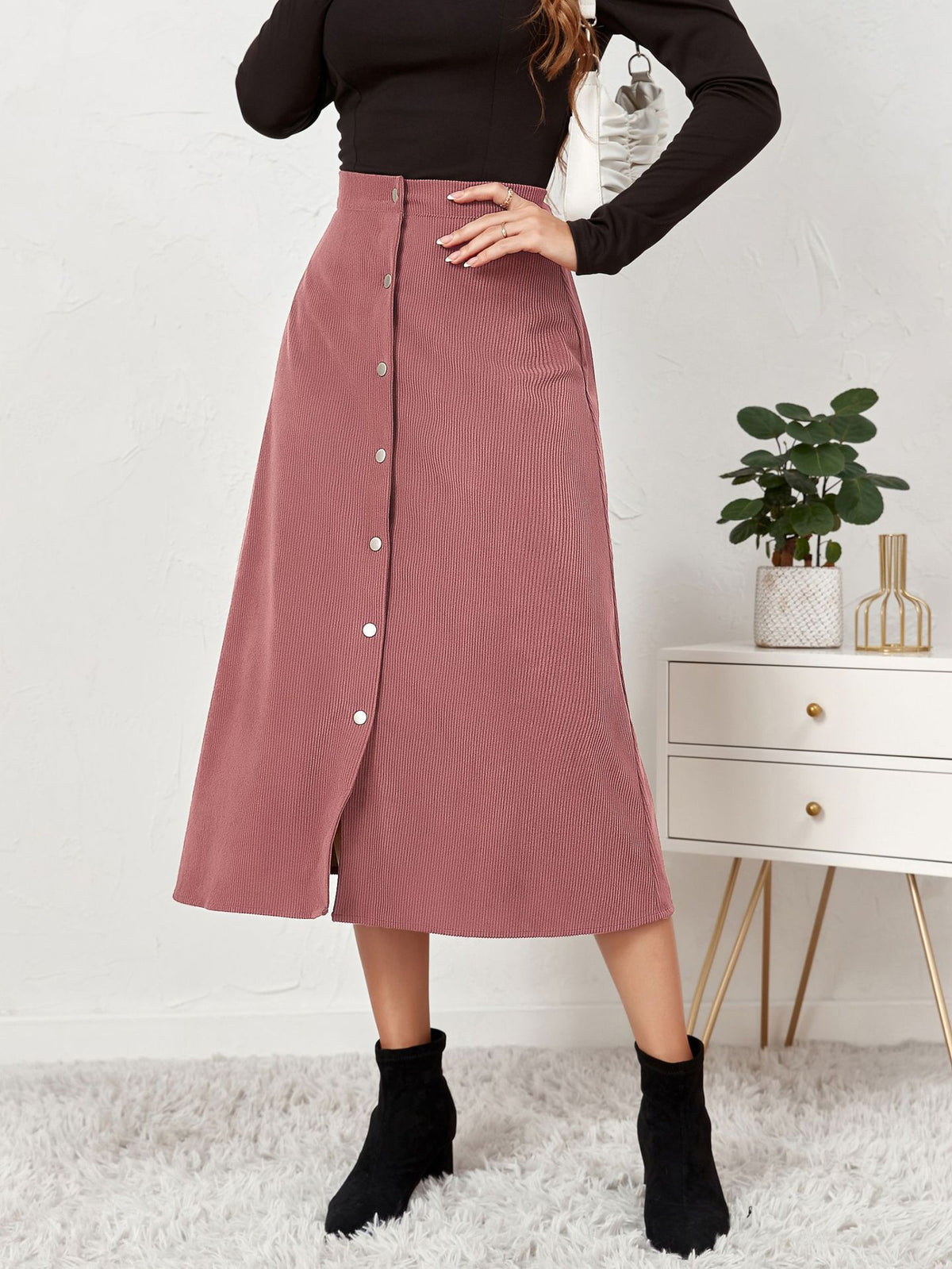 Corduroy Button Front A Line Midi Skirt - Pink - 1