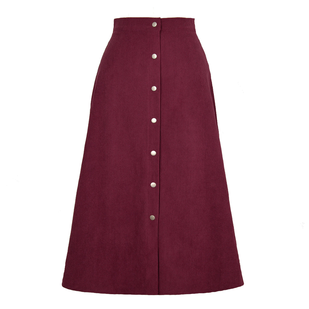 Corduroy Button Front A Line Midi Skirt - Winered