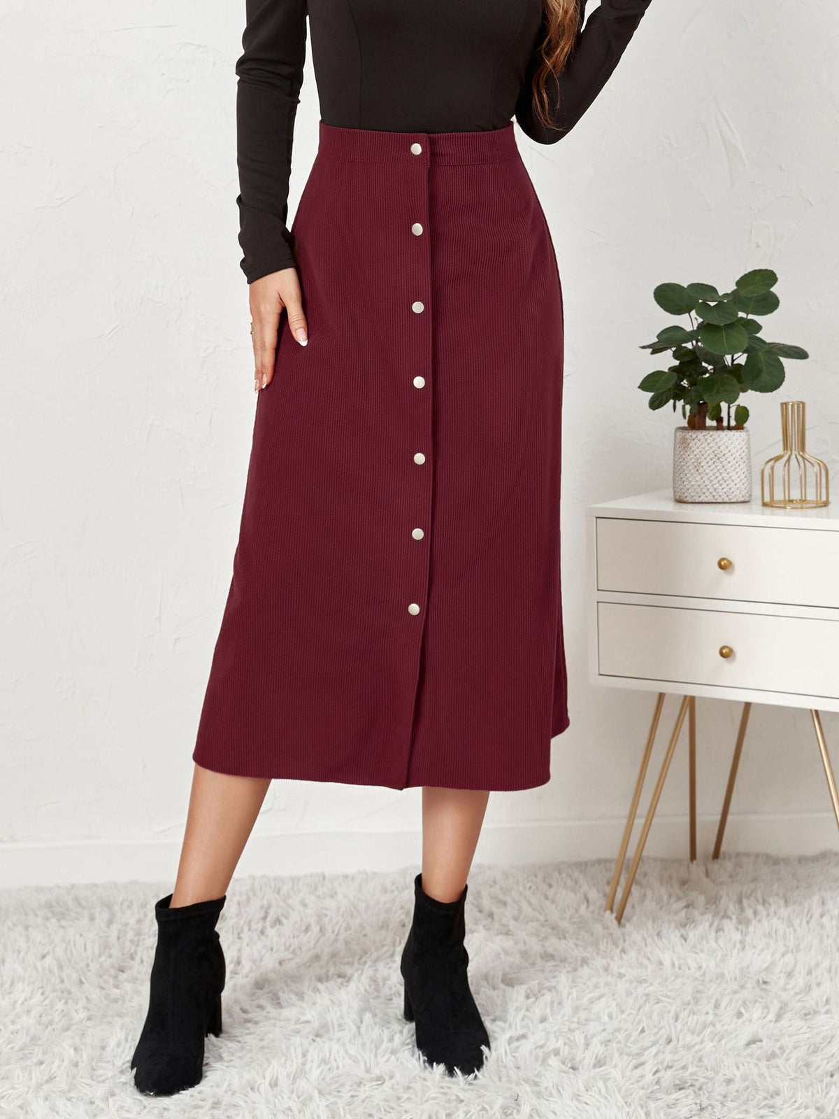 Corduroy Button Front A Line Midi Skirt - Winered - 1