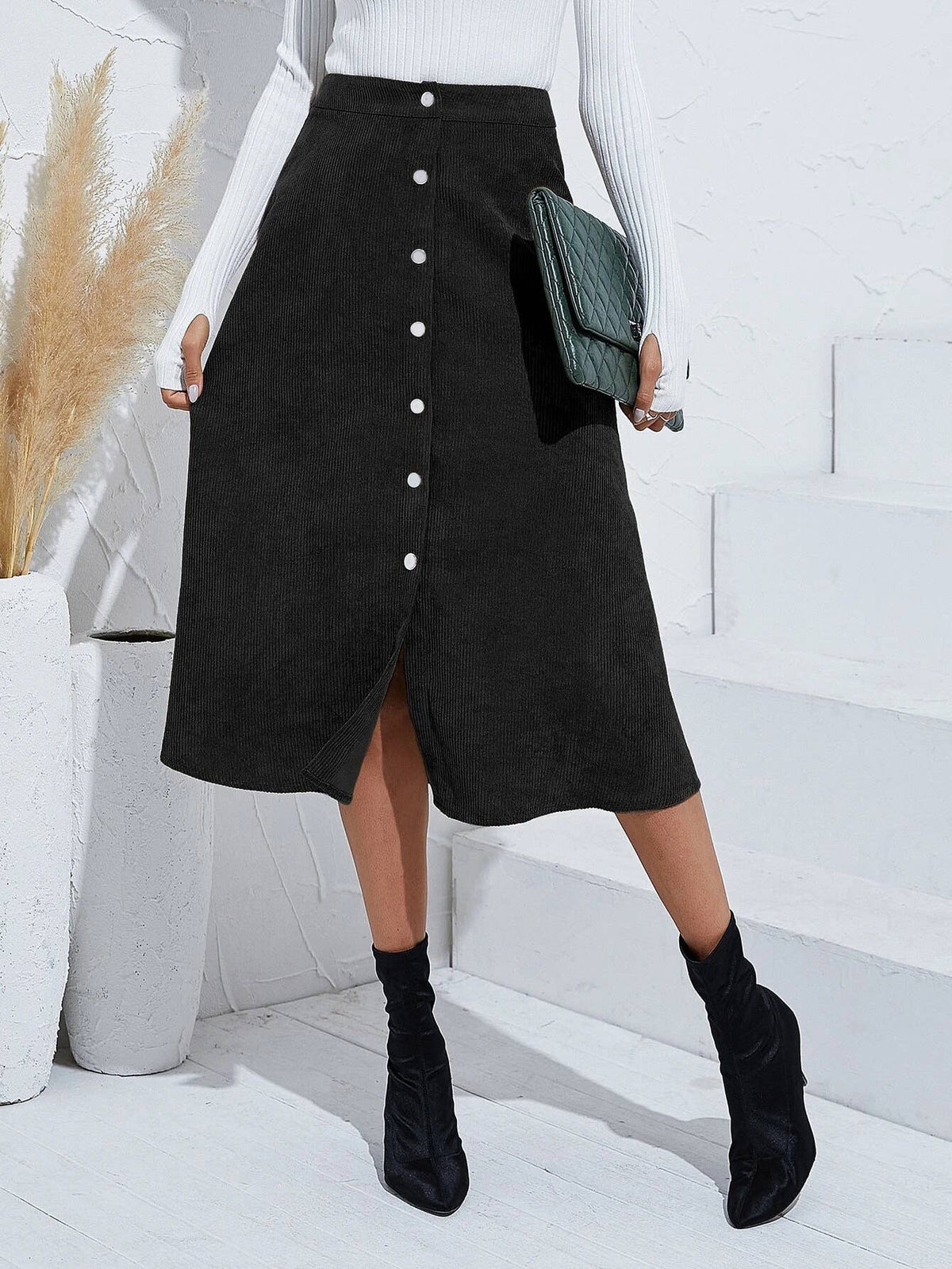 Corduroy Button Front A Line Midi Skirt