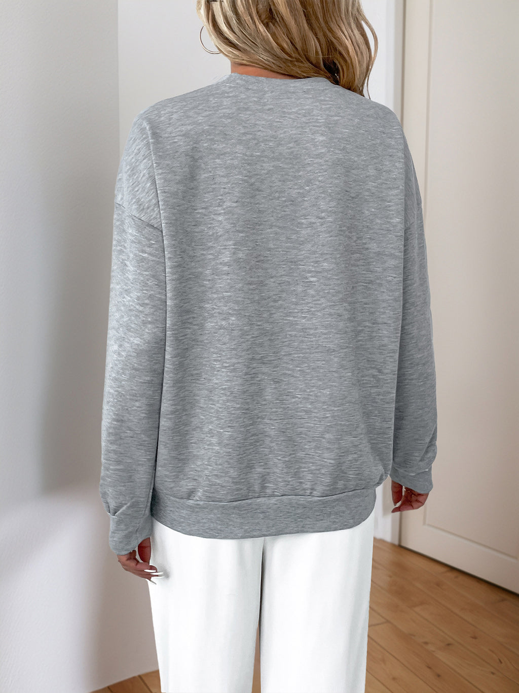 Sequin Panel Crew Neck Pullover Sweatshirt - Grey - 2