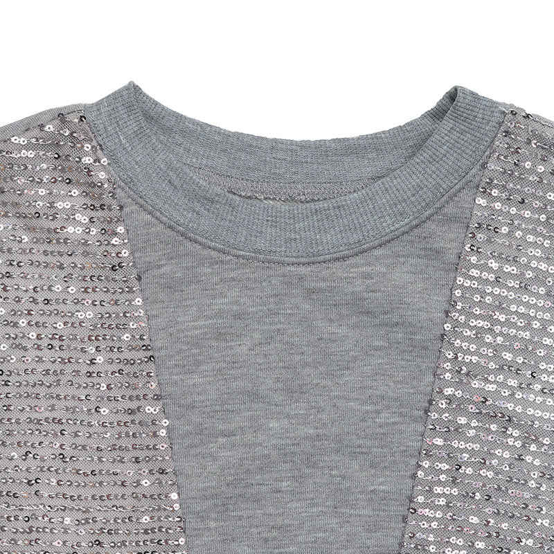 Sequin Panel Crew Neck Pullover Sweatshirt - Grey - 3