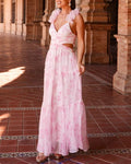 Ruffle Strap Tiered Chiffon Maxi Dress - Pink
