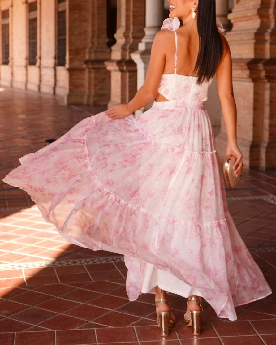 Ruffle Strap Tiered Chiffon Maxi Dress - Pink - 1