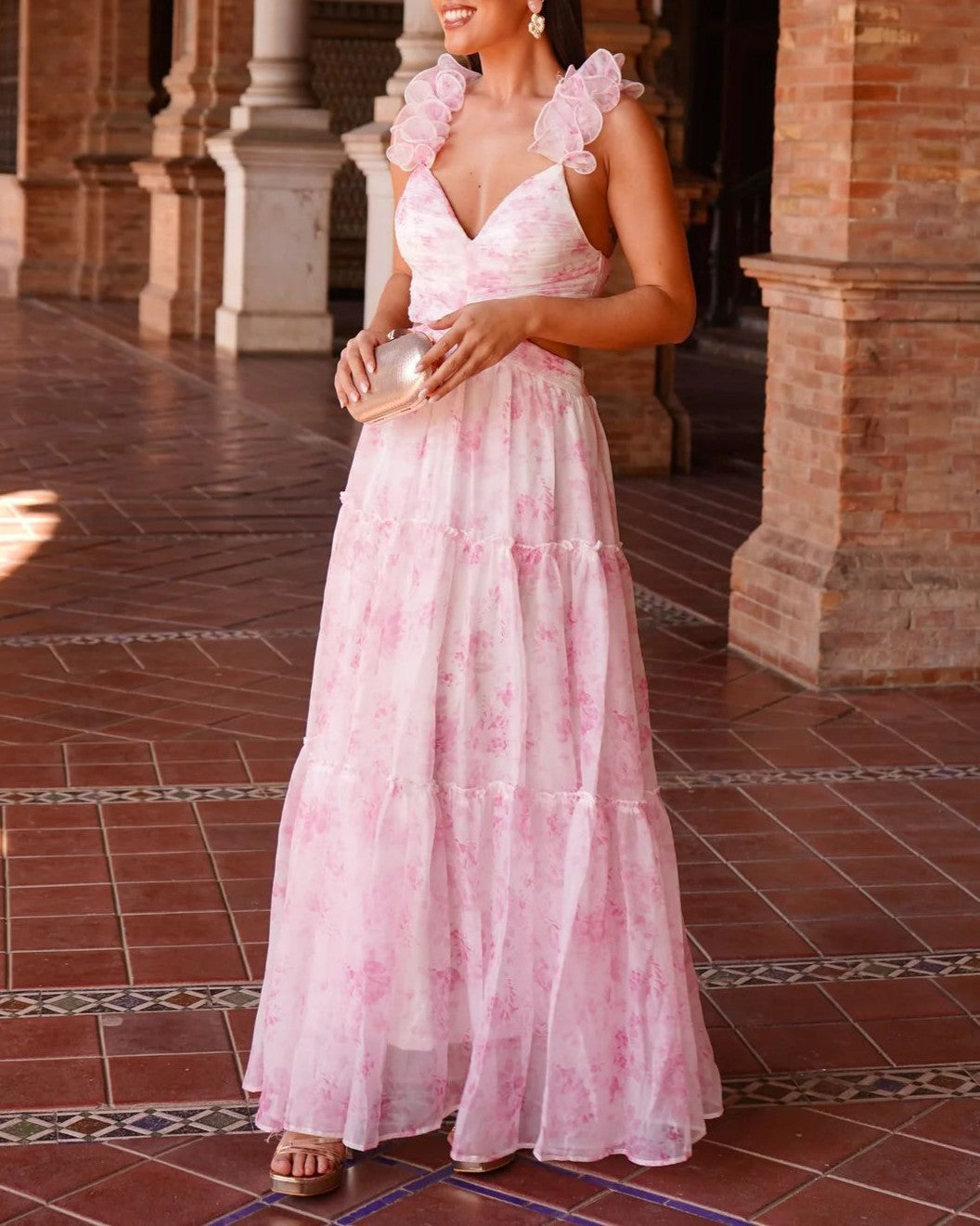 Ruffle Strap Tiered Chiffon Maxi Dress - Pink - 2