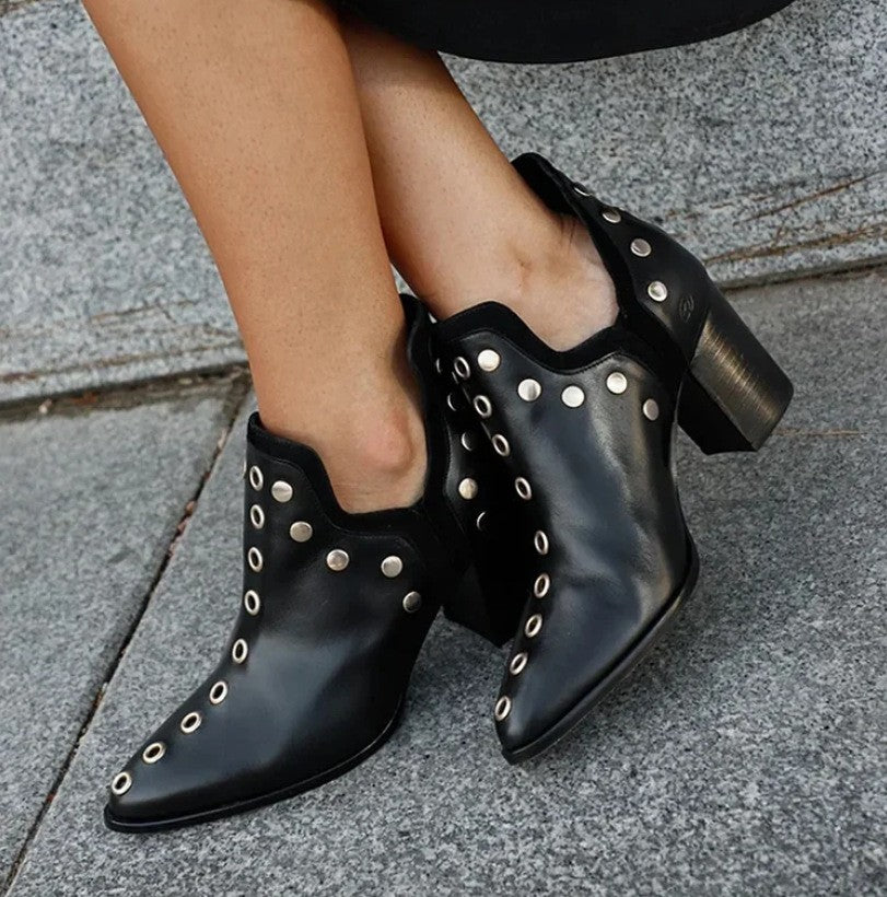 Studded Pointed Toe Cutout Ankle Booties - Black Heeled