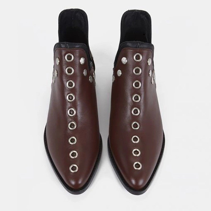 Studded Pointed Toe Cutout Ankle Booties - Burgundy