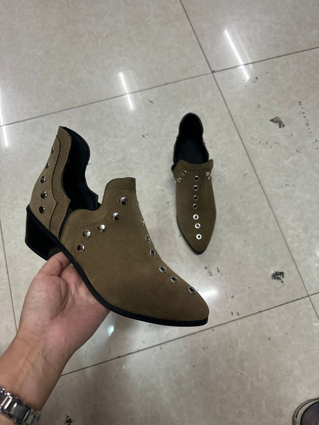 Studded Pointed Toe Cutout Ankle Booties - Khaki
