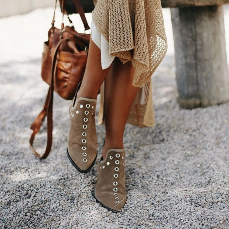 Studded Pointed Toe Cutout Ankle Booties