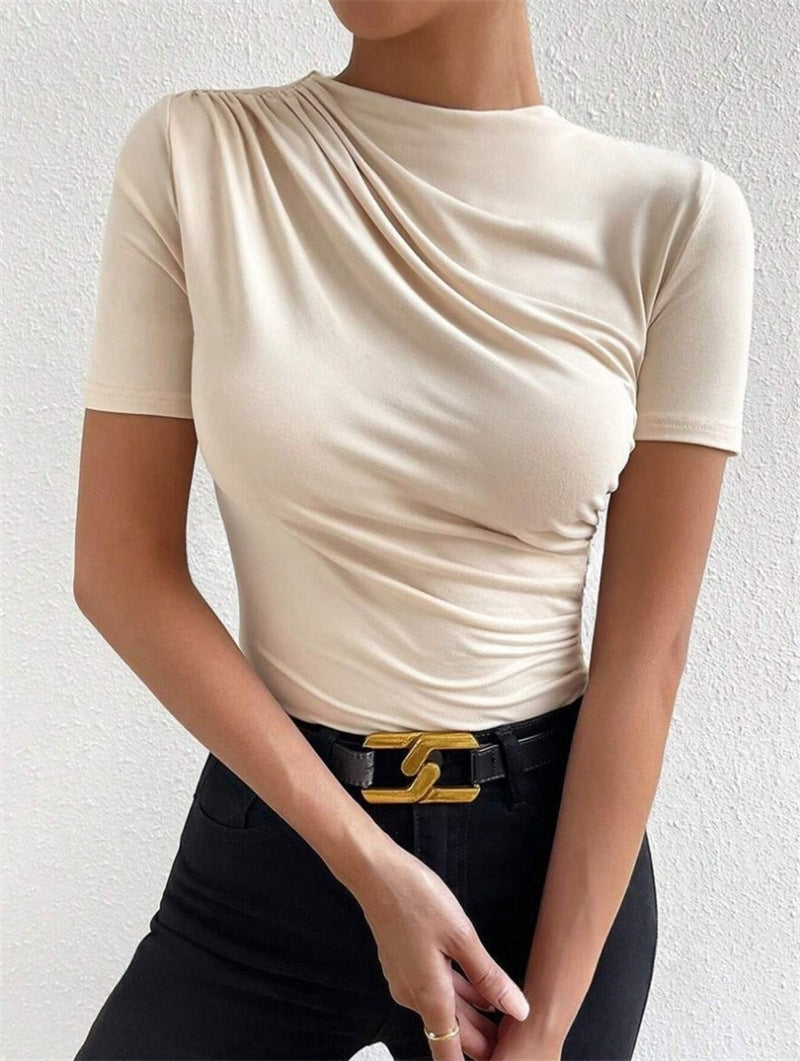 Ruched Mock Neck Short Sleeve Bodysuit - Beige