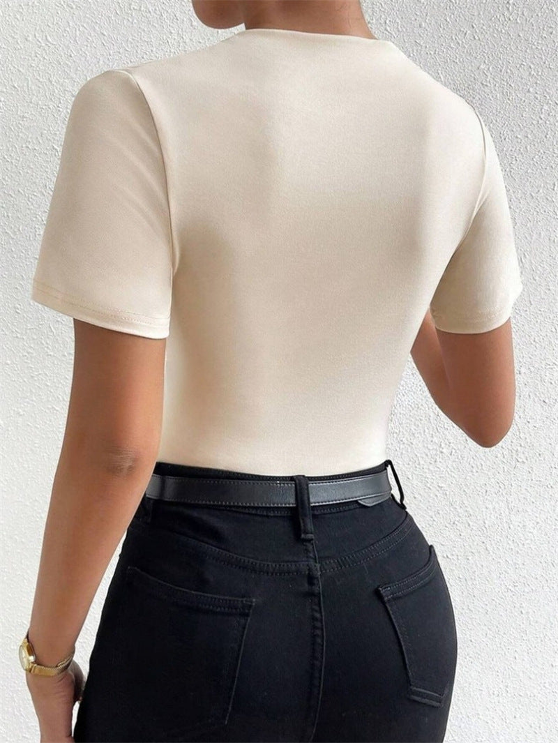 Ruched Mock Neck Short Sleeve Bodysuit - Beige - 2