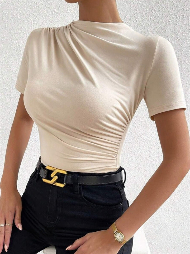 Ruched Mock Neck Short Sleeve Bodysuit - Beige - 5