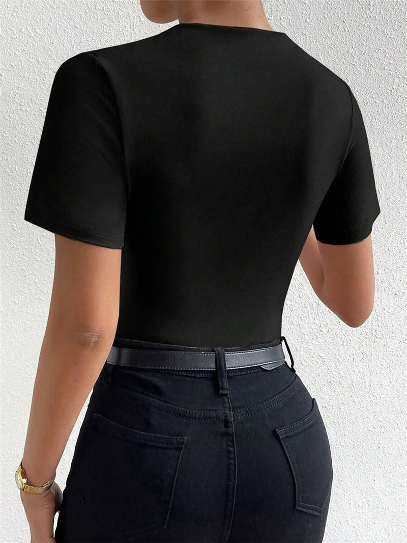 Ruched Mock Neck Short Sleeve Bodysuit - Black - 1