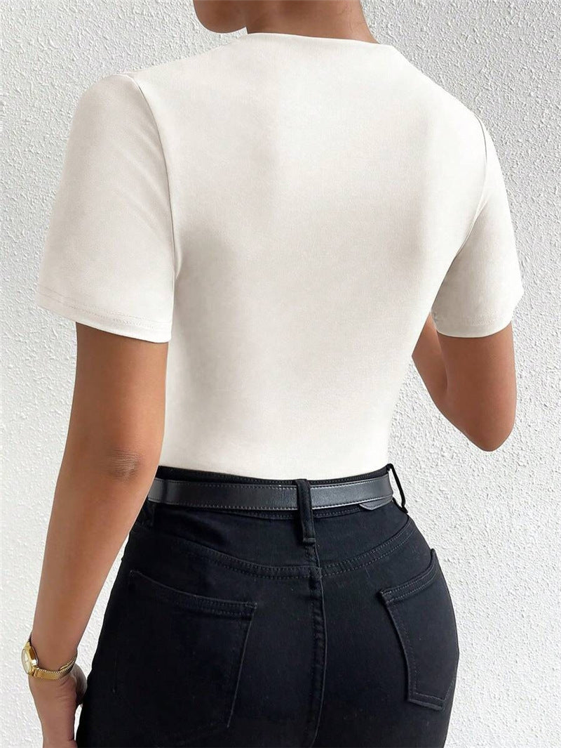 Ruched Mock Neck Short Sleeve Bodysuit - White - 1