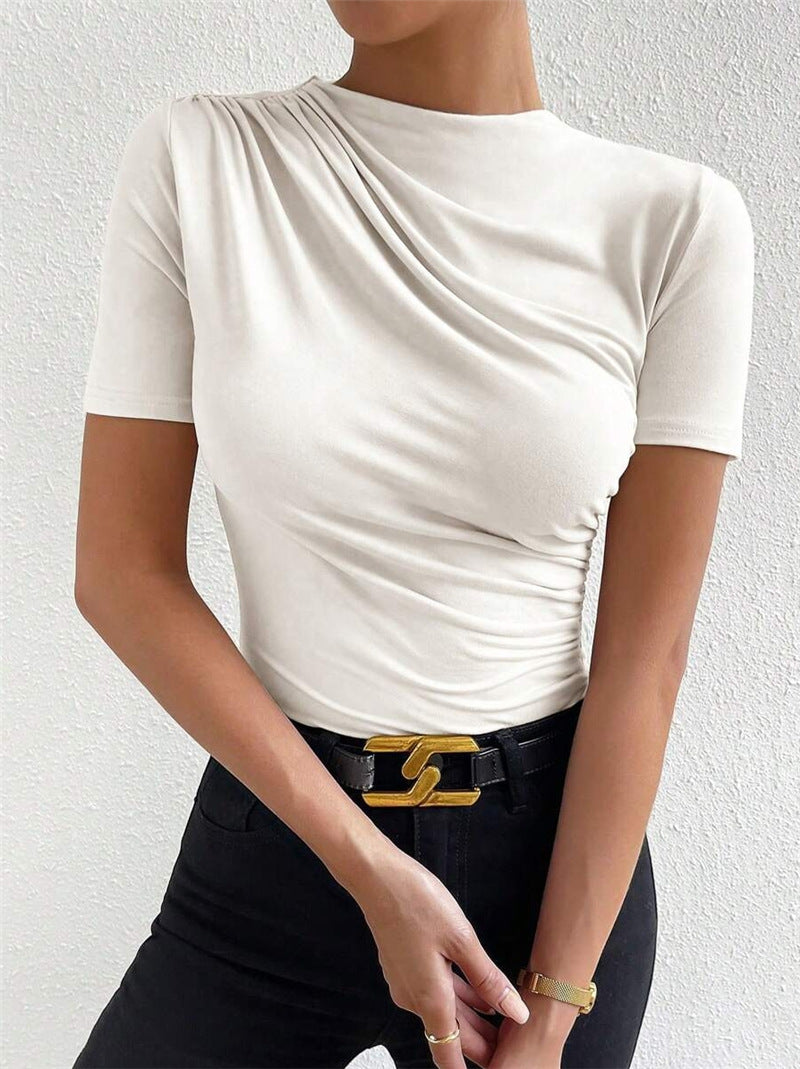Ruched Mock Neck Short Sleeve Bodysuit - White - 4