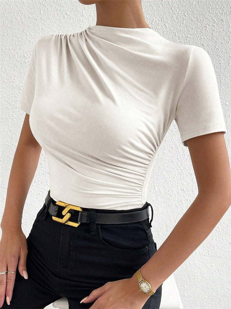 Ruched Mock Neck Short Sleeve Bodysuit - White - 5
