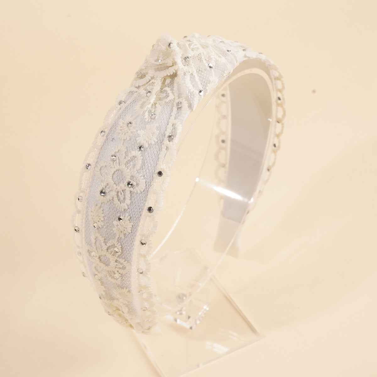 Lace Embroidered Rhinestone Wide Headband - White