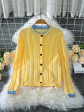 Gingham Ruffle Trim Button Knit Cardigan - Yellow