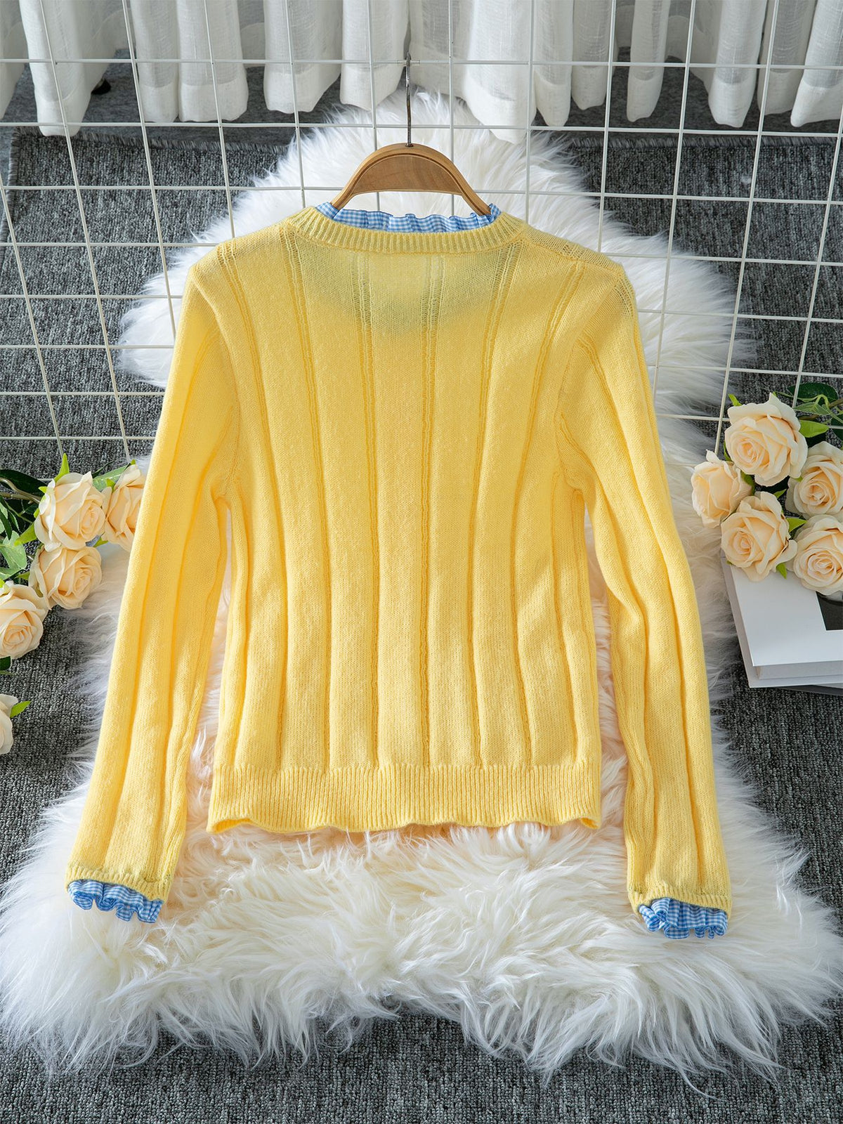 Gingham Ruffle Trim Button Knit Cardigan - Yellow - 1