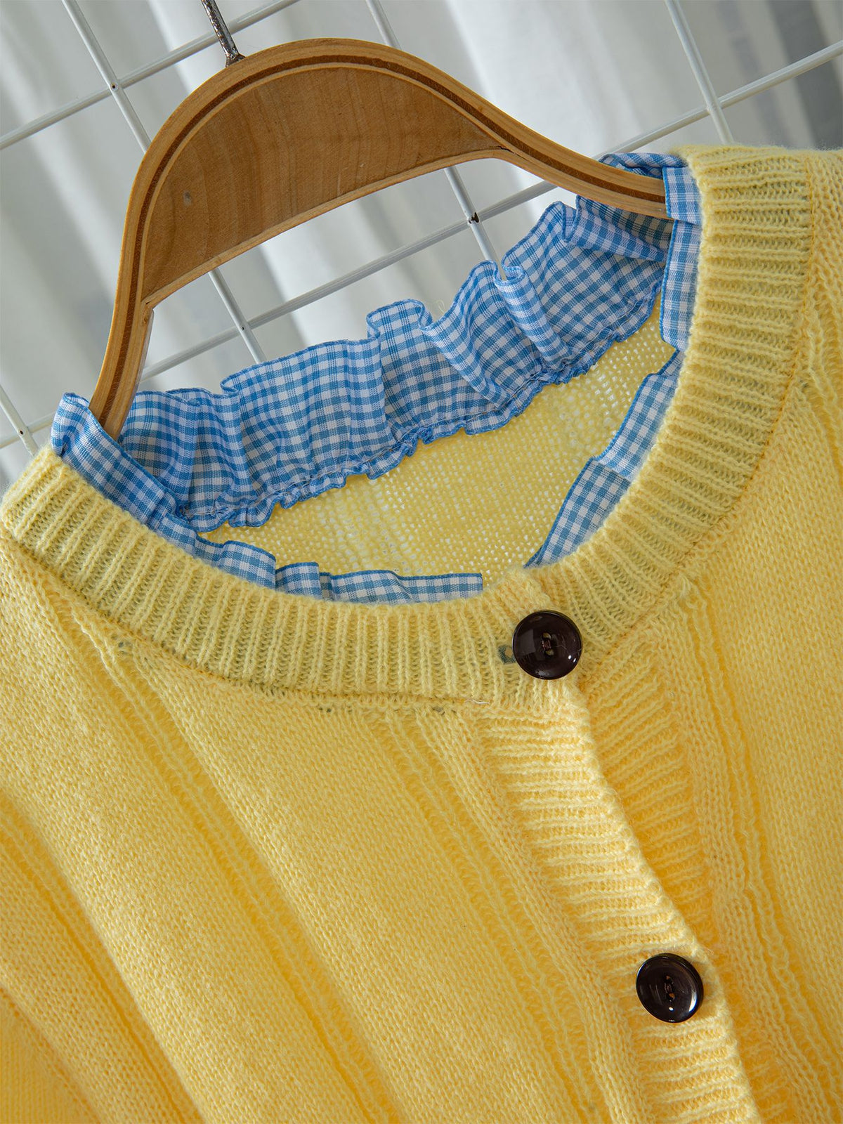 Gingham Ruffle Trim Button Knit Cardigan - Yellow - 2