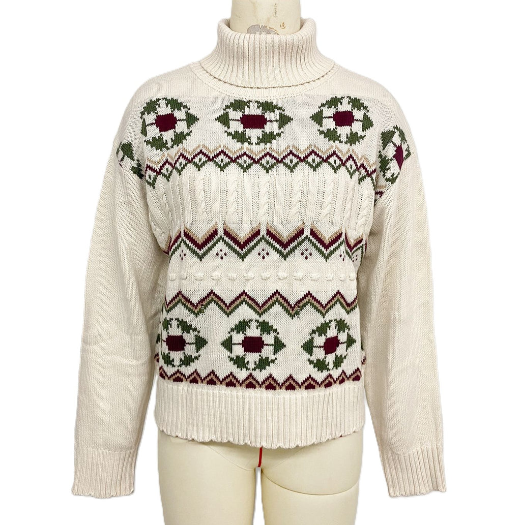 Retro Folk Jacquard Turtleneck Sweater - Beige - 1