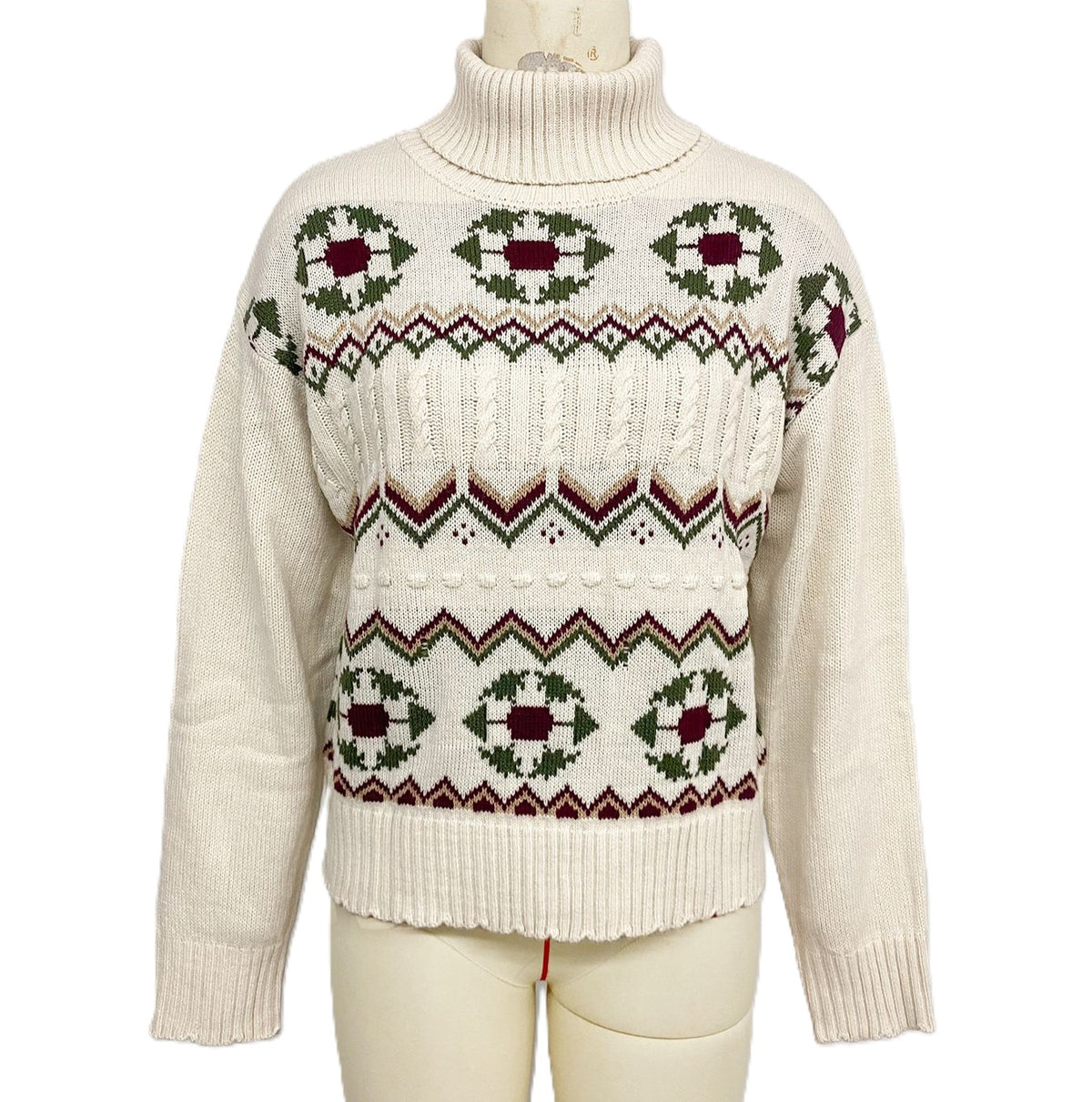 Retro Folk Jacquard Turtleneck Sweater - Beige - 1