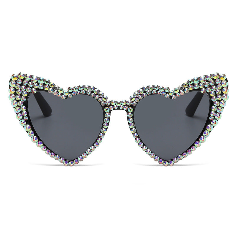 Rhinestone Heart Cat Eye Sunglasses - Black