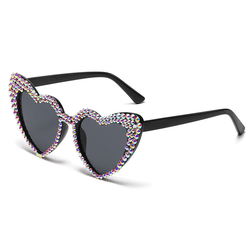 Rhinestone Heart Cat Eye Sunglasses - Black - 1