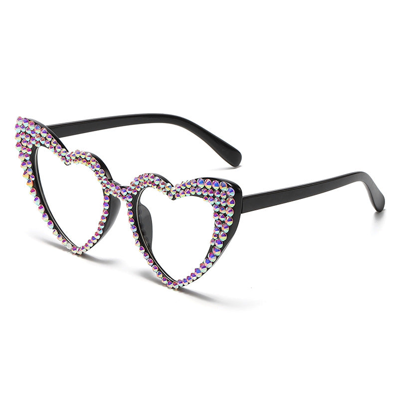 Rhinestone Heart Cat Eye Sunglasses - Black_W
