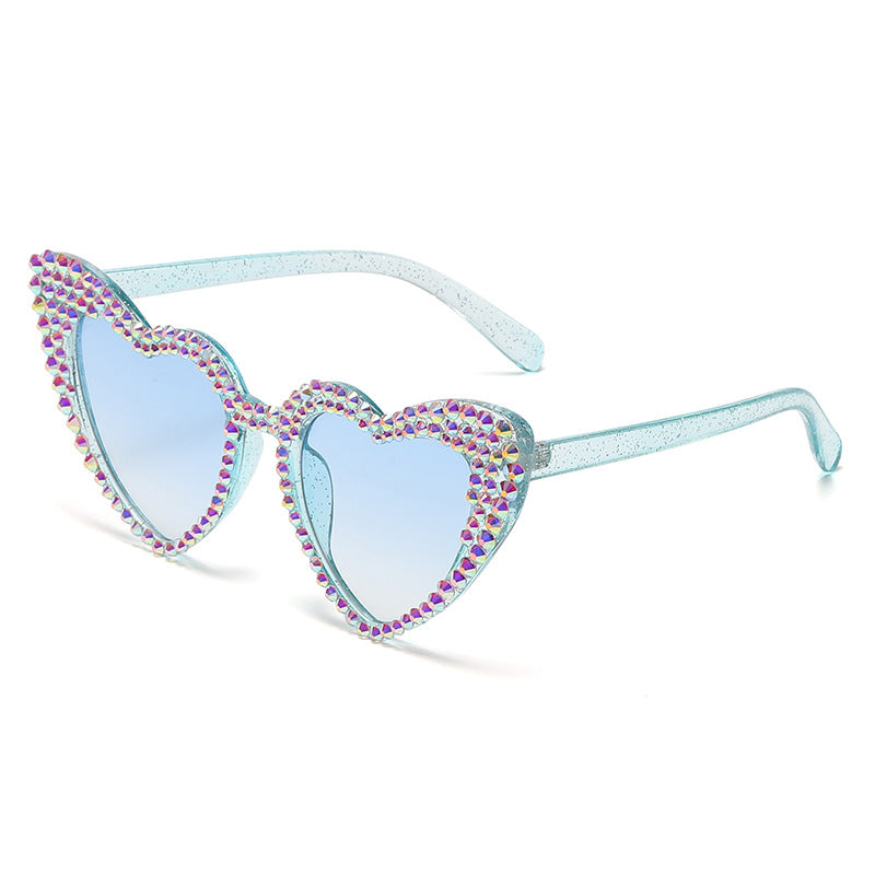 Rhinestone Heart Cat Eye Sunglasses - Blue