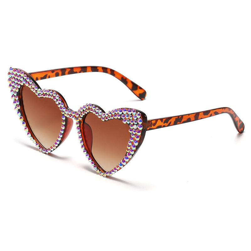 Rhinestone Heart Cat Eye Sunglasses - Tea