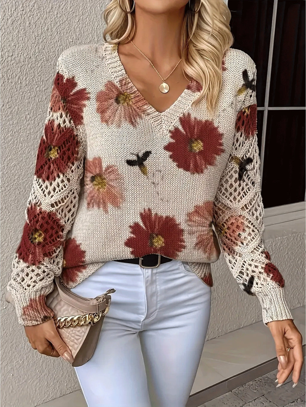 Floral Print Pointelle Sleeve V Neck Sweater - Color_01