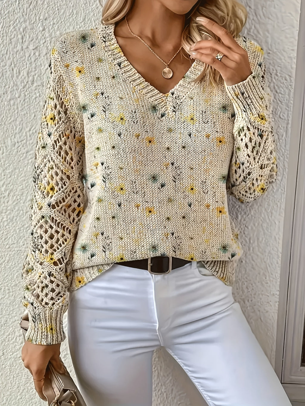 Floral Print Pointelle Sleeve V Neck Sweater - Color_03