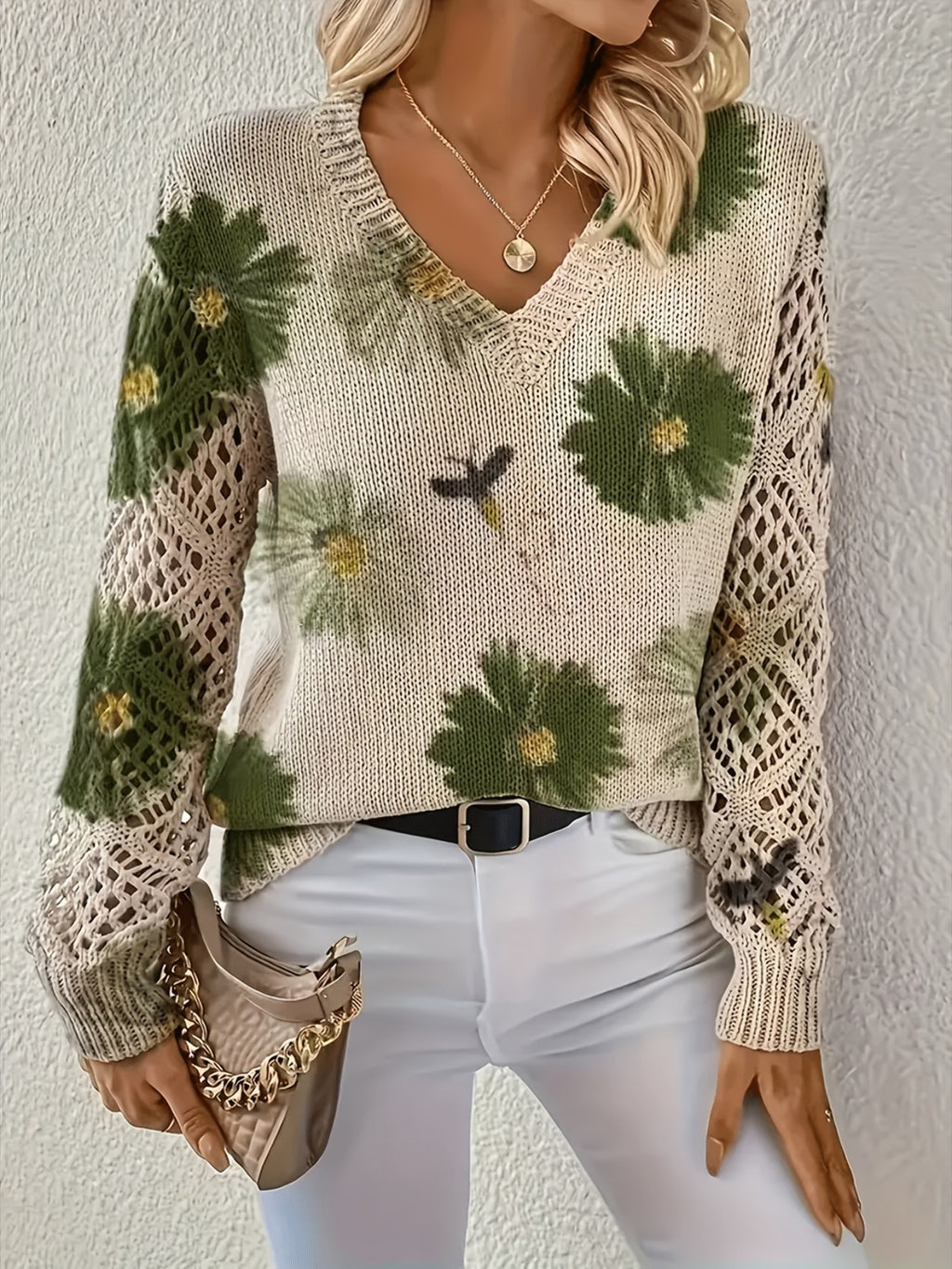Floral Print Pointelle Sleeve V Neck Sweater - Color_04