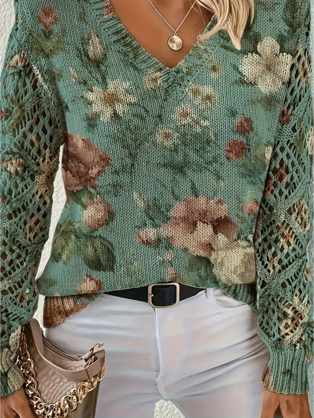 Floral Print Pointelle Sleeve V Neck Sweater - Color_06