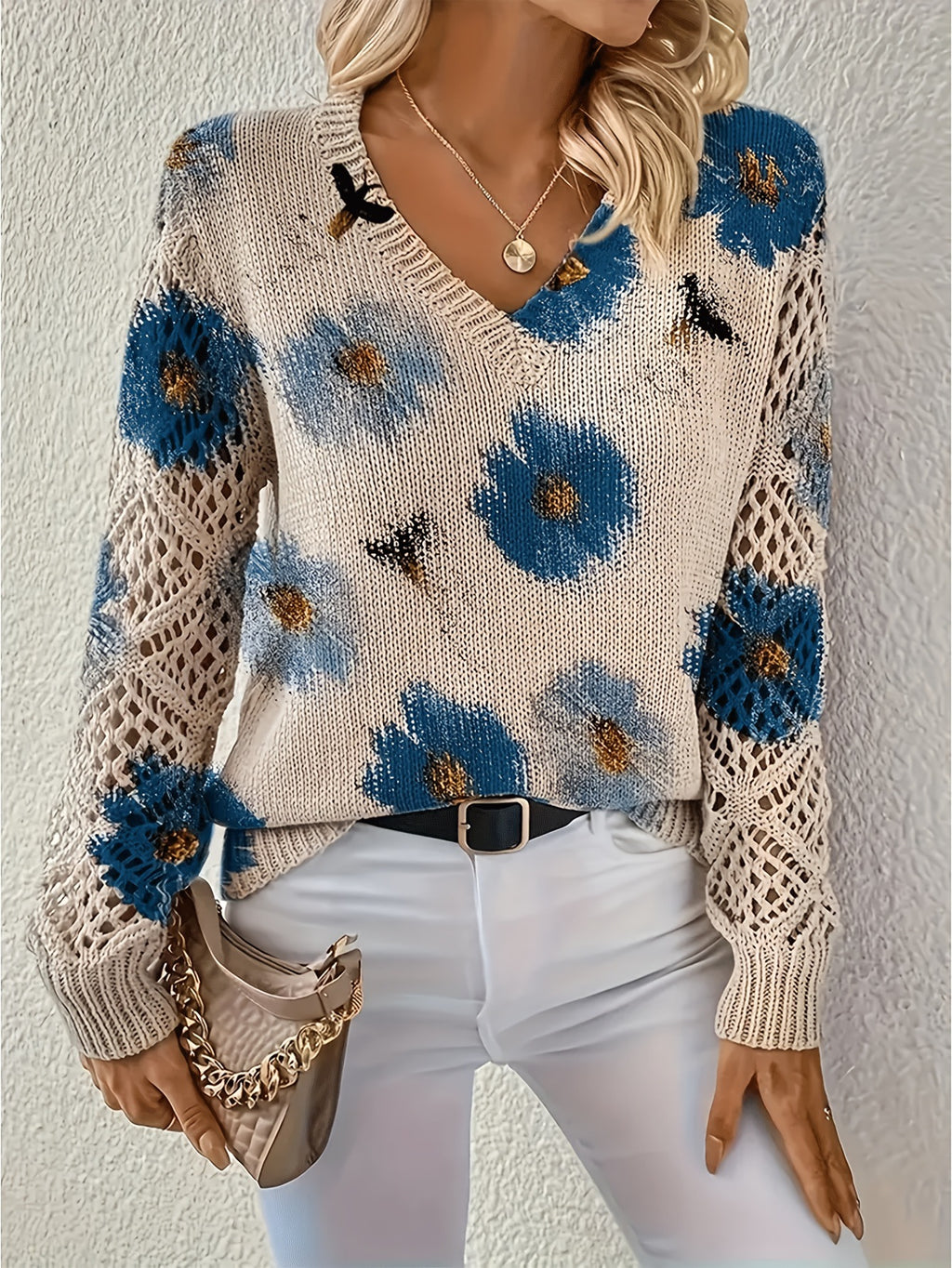 Floral Print Pointelle Sleeve V Neck Sweater - Color_09