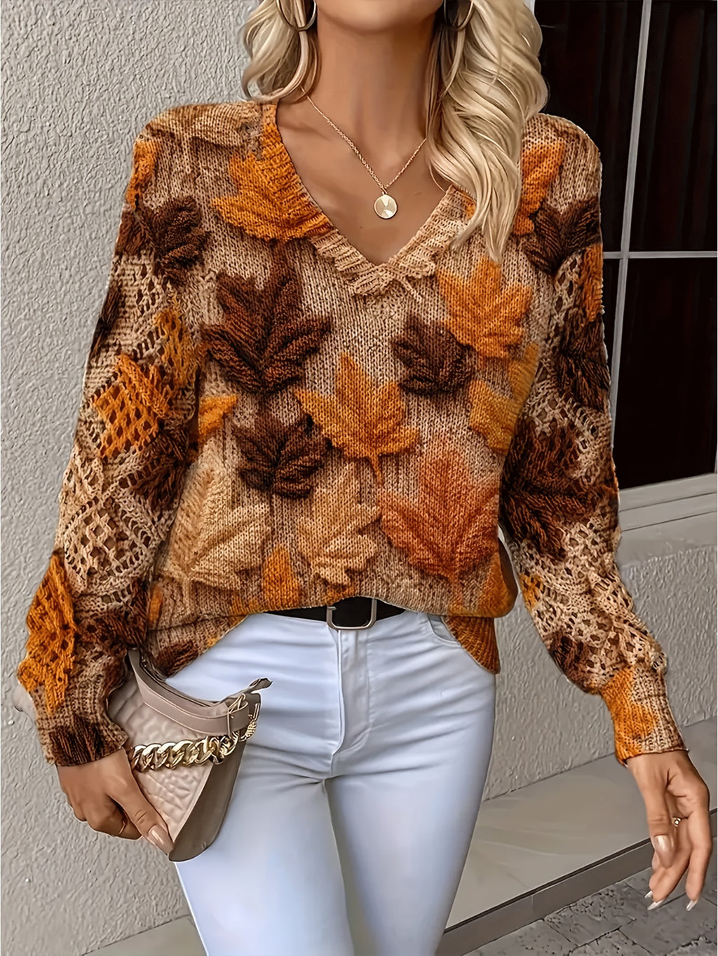 Floral Print Pointelle Sleeve V Neck Sweater - Color_11
