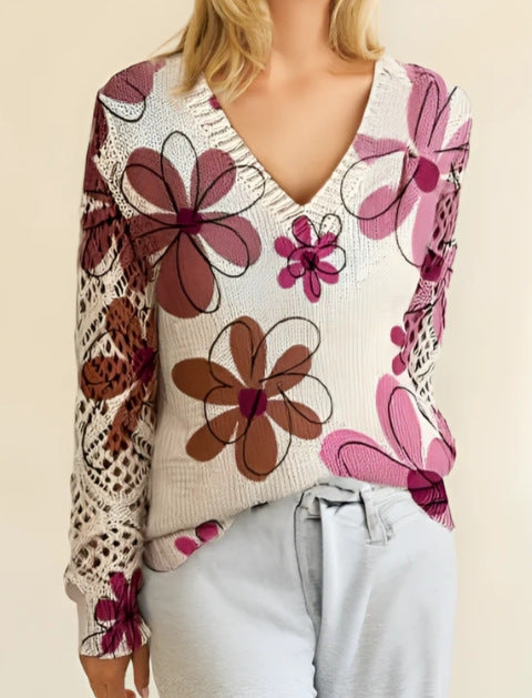Floral Print Pointelle Sleeve V Neck Sweater - Color_12