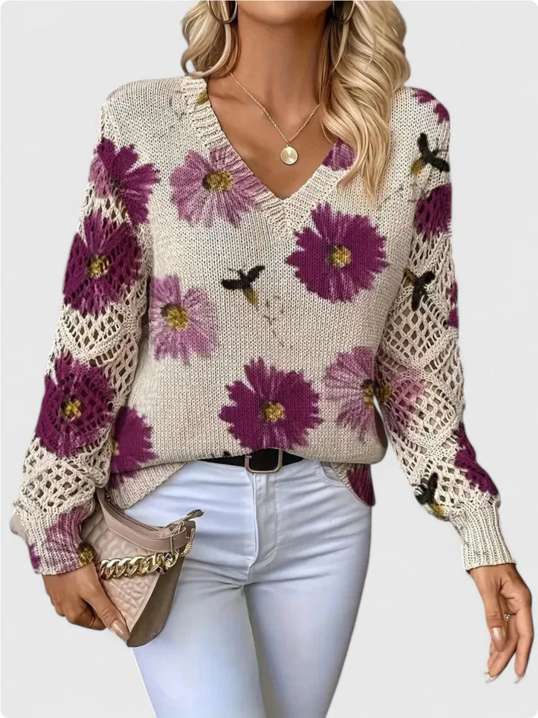 Floral Print Pointelle Sleeve V Neck Sweater - Color_13