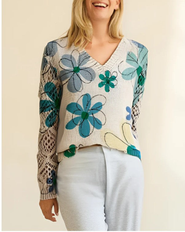 Floral Print Pointelle Sleeve V Neck Sweater - Color_14
