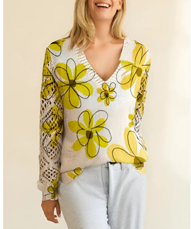 Floral Print Pointelle Sleeve V Neck Sweater - Color_15