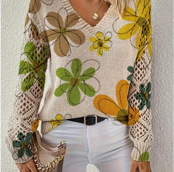 Floral Print Pointelle Sleeve V Neck Sweater - Color_16