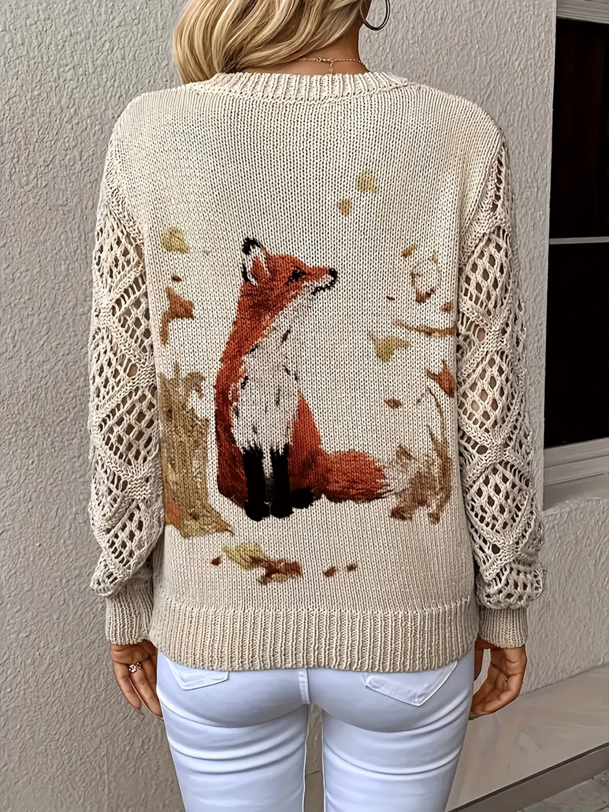 Floral Print Pointelle Sleeve V Neck Sweater