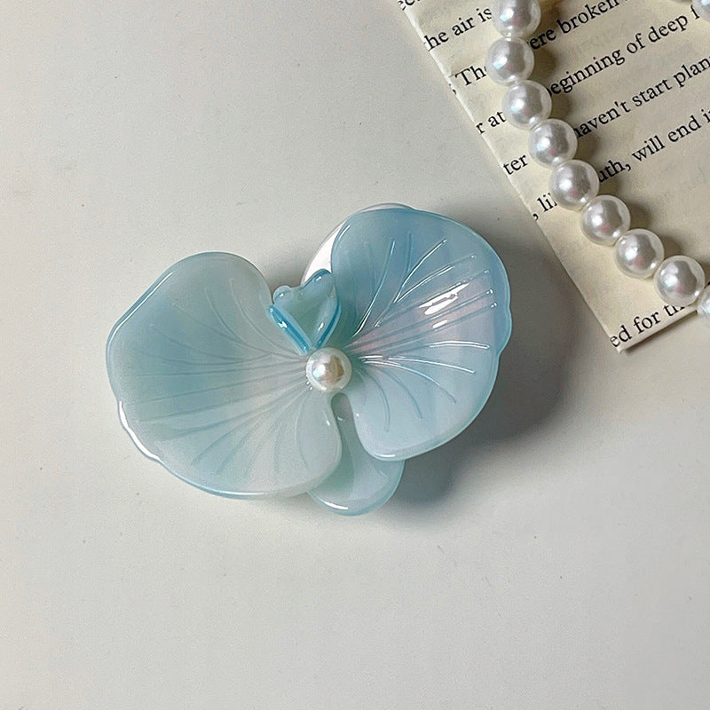 Carved Orchid Flower Pearl Hair Clip - Blue