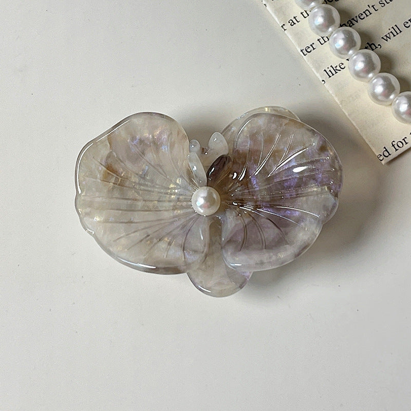 Carved Orchid Flower Pearl Hair Clip - Grey