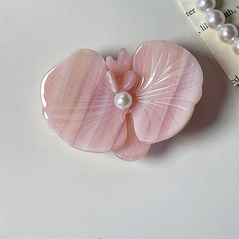 Carved Orchid Flower Pearl Hair Clip - Pink