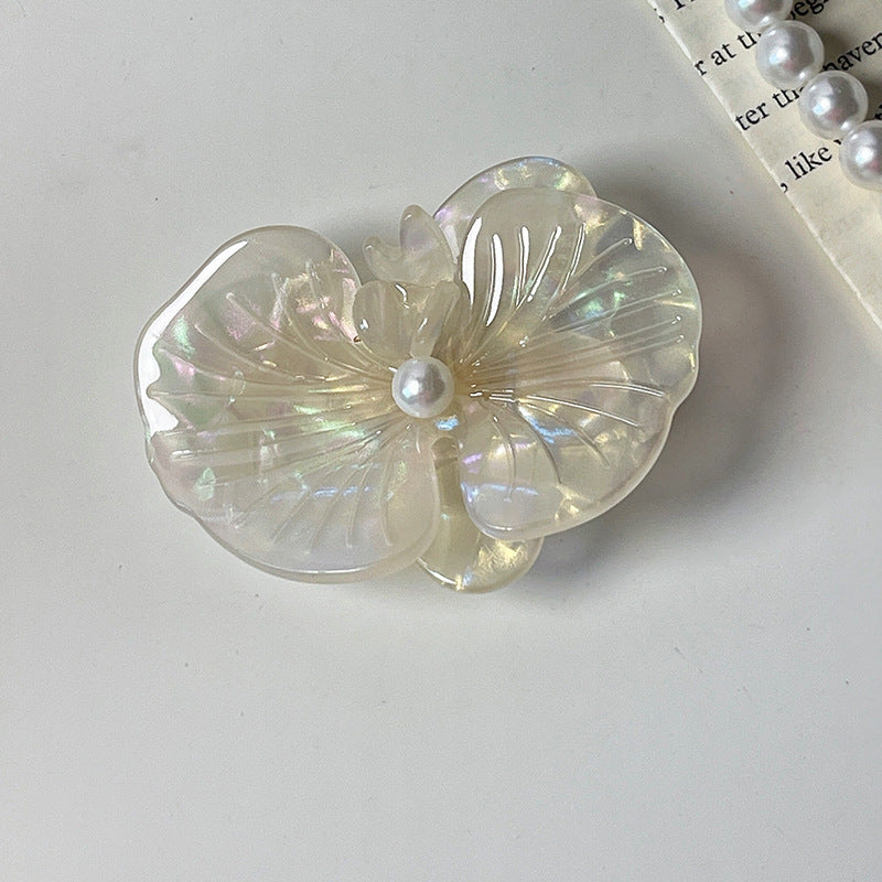 Carved Orchid Flower Pearl Hair Clip - WHITE