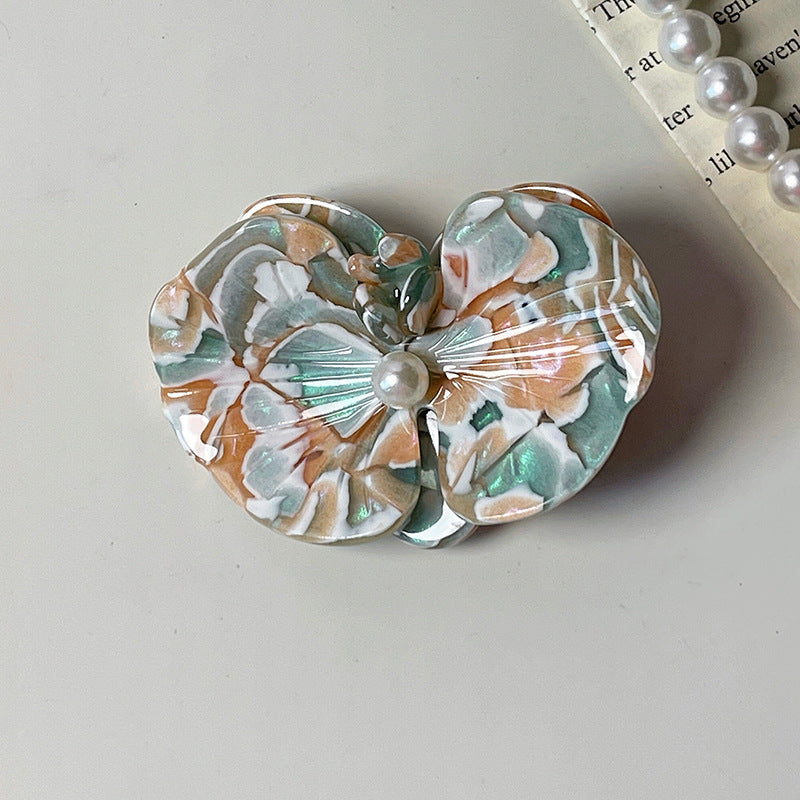 Carved Orchid Flower Pearl Hair Clip - multi01